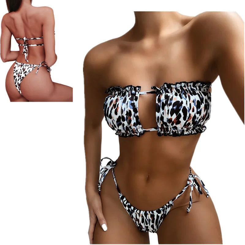 

Sexy Bikini 2021 Woman Brazilian Push Up Pleated Bandeau Swimwear Swimsuit Female Tie Two Sides Bottom Triangle Bathing Suit