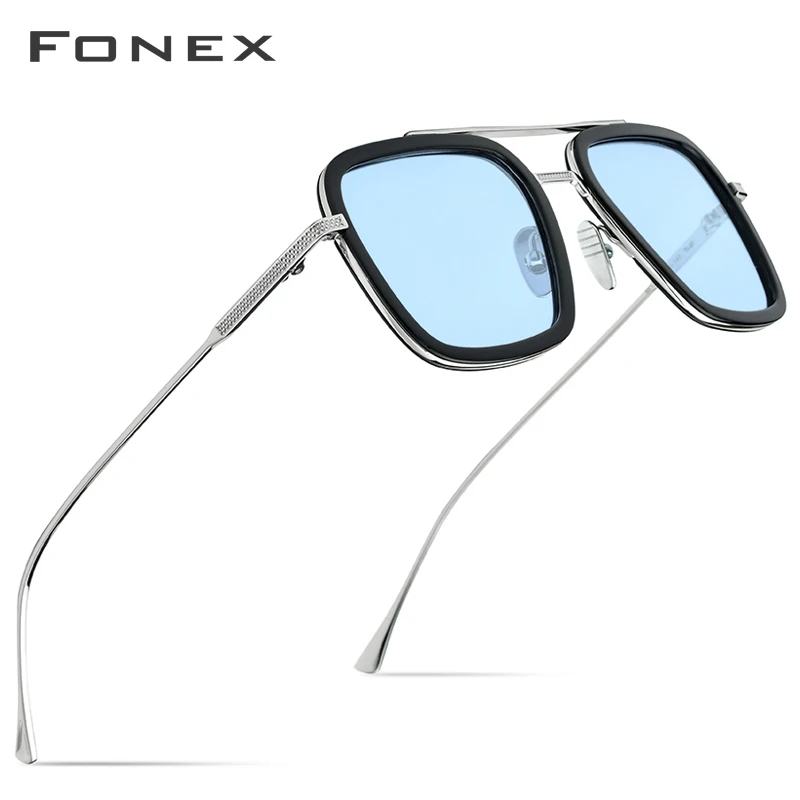 Синий FONEX из чистого титана ацетата поляризационные солнцезащитные очки мужские ретро Тони Старк солнцезащитные очки новые винтажные солнцезащитные очки Edith для женщин 8512 - Цвет линз: Синий