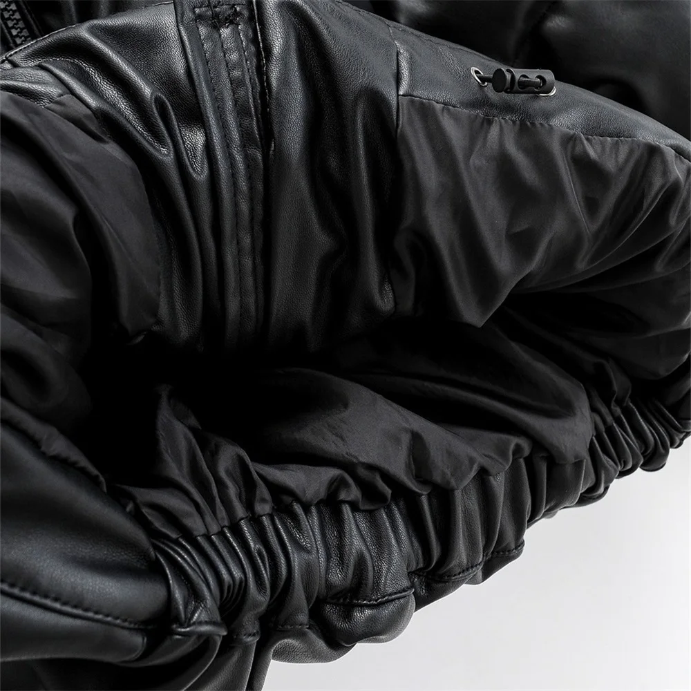 

2020 autumn and winter women pu hooded leather cotton padded jacket women Coats Ladies fleece black Oversized coat