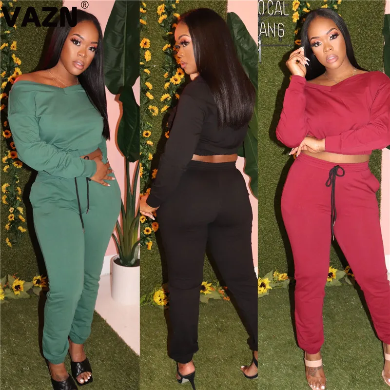 VAZN Solid popular 2020 early autumn sexy lady 3 colors 2-piec elong set full sleeve V-neck tees long pants young casual |