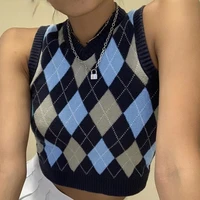 90s streetwear plaid knitting sleeveless sweater female knitwear preppy style y2k clothes v neck casual crop sweater vest