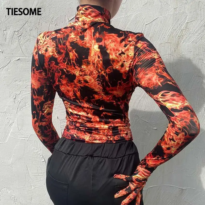 TIESOME 2020 Новинка с принтом пламени тонкие водолазки перчатки цельный Топ пальто