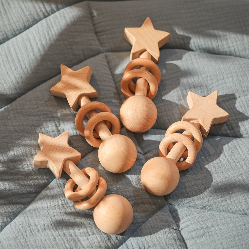 

1PC Wooden Rattle Toys Baby Teether Beech Wood Teething Rodent Ring Star Musical Chew Play Gym Montessori Stroller Toy