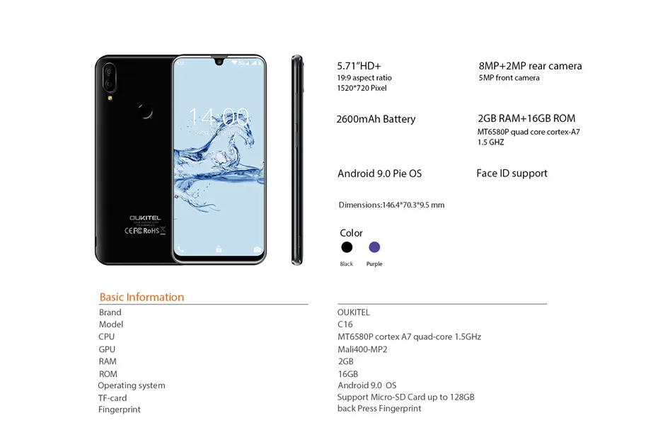 OUKITEL C16, 5,71 дюйма, 19:9, дроп, смартфон, Android 9,0, MT6580P, 2G ram, 16 ГБ rom, 2600 мАч, отпечаток пальца, двойная задняя камера, мобильный телефон