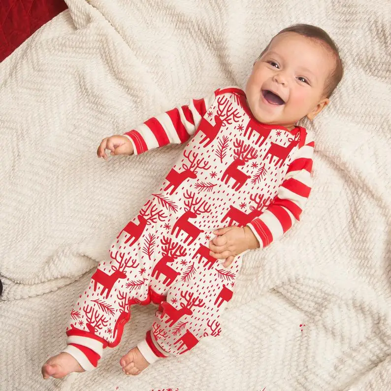 

2020 Newborn Babys Christmas Themed Jumpsuit Toddler Boy Girl Reindeer Print O-neck Stripe Long Sleeve Long Pants Romper 0-12m