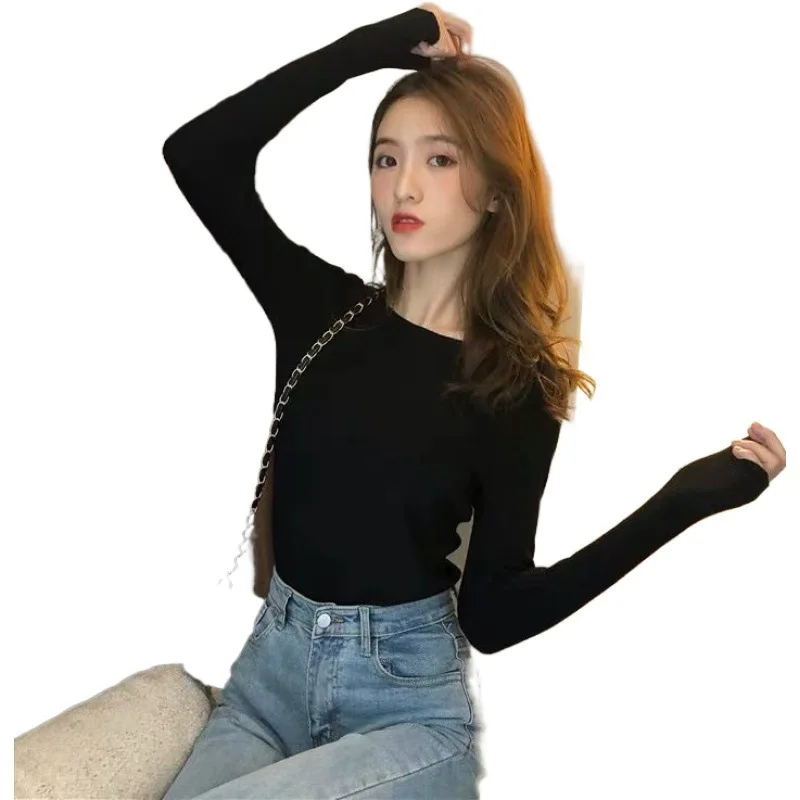 

Simple chic tight-fitting stretch nude round neck sweater top Slim slimming inner base shirt top sweater