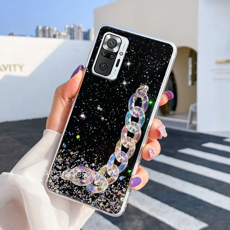 Bling Glitter Bracelet Chain Phone Case For Xiaomi Redmi Note 10 9 10s 9s Pro Max Redmi Note 9t 8t 8 7 Pro Wriststrap Back Cover