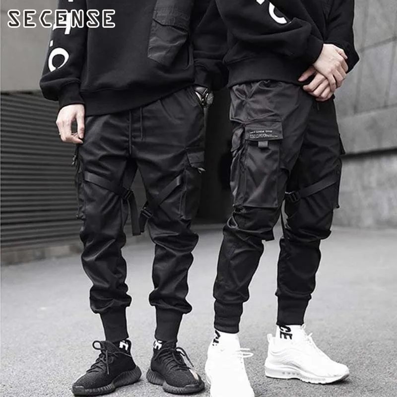 

Для мужчин в стиле «хип-хоп» грузовой Штаны черный уличная одежда с карманом Harajuku Techwear Штаны брюки на эластичной резинке, штаны-шаровары дет...