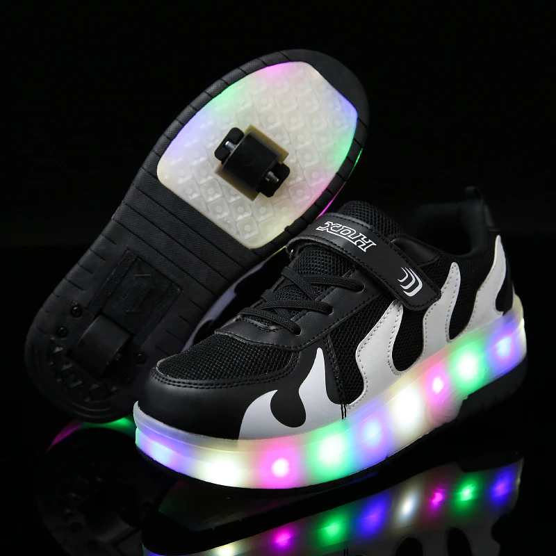 Светящиеся кроссовки с двумя колесами, унисекс, двойные, синие, черные, светодиодная обувь для роликовых коньков, светильник для мальчиков и... от AliExpress WW