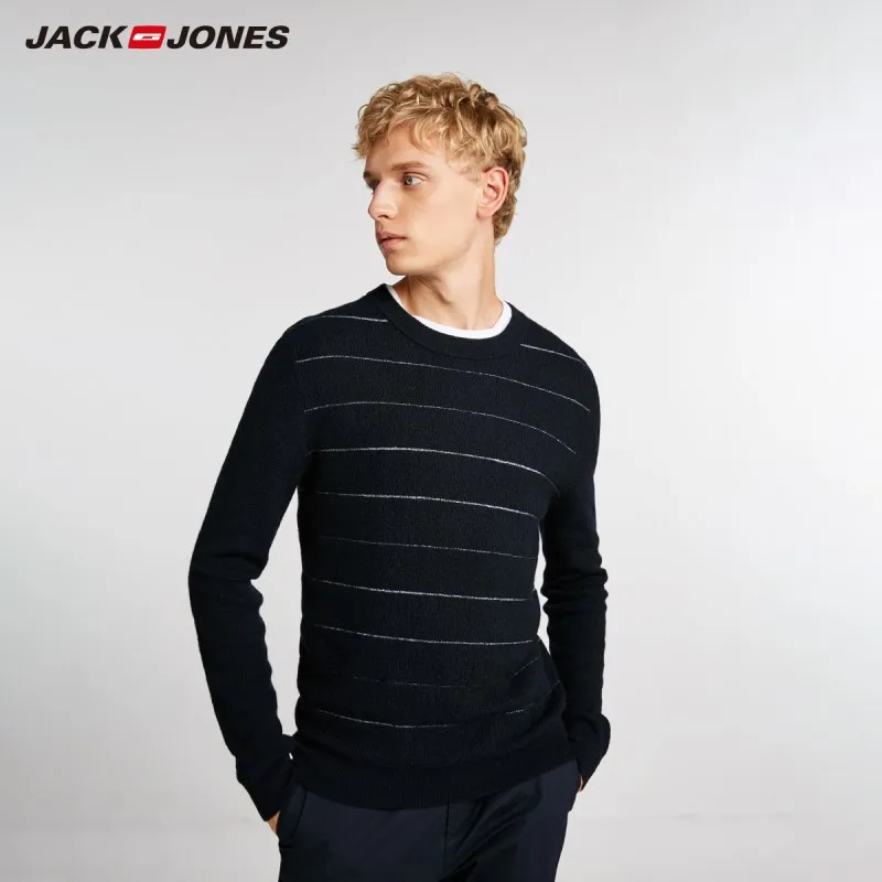 JackJones осенний мужской свитер из шерсти контрастный полосатый свитер с круглым вырезом Повседневный свитер Топ 218324556