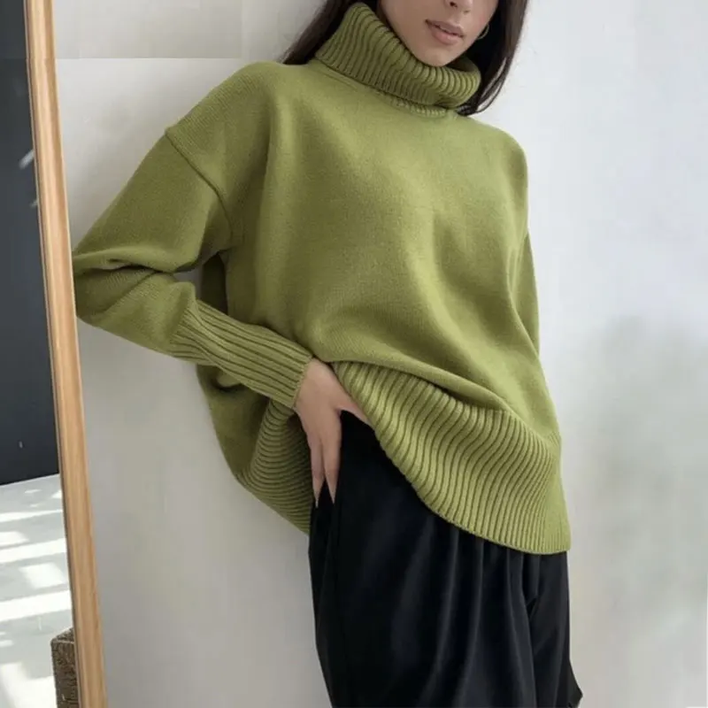 

Autumn Winter Turtleneck Women Knitted Sweater Pullover Women Jumper Loose Turtle Neck Green Sweater For Women 2021