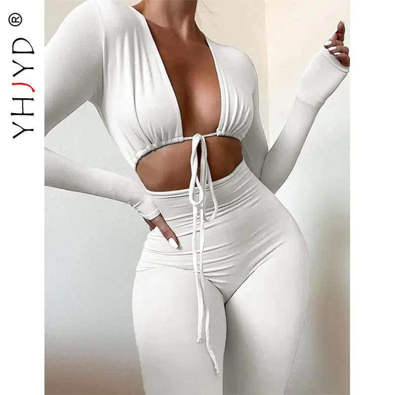 

YHJYD Sexy White Hollow Out Draw String Long Sleeve Bodycon Jumpsuits One Piece Club Outfits for Women Fall Clothes