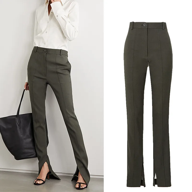 

Женские брюки в пол с высокой талией, европейский стиль, высокое качество, тонкие брюки, прямые брюки с разрезом, F1359