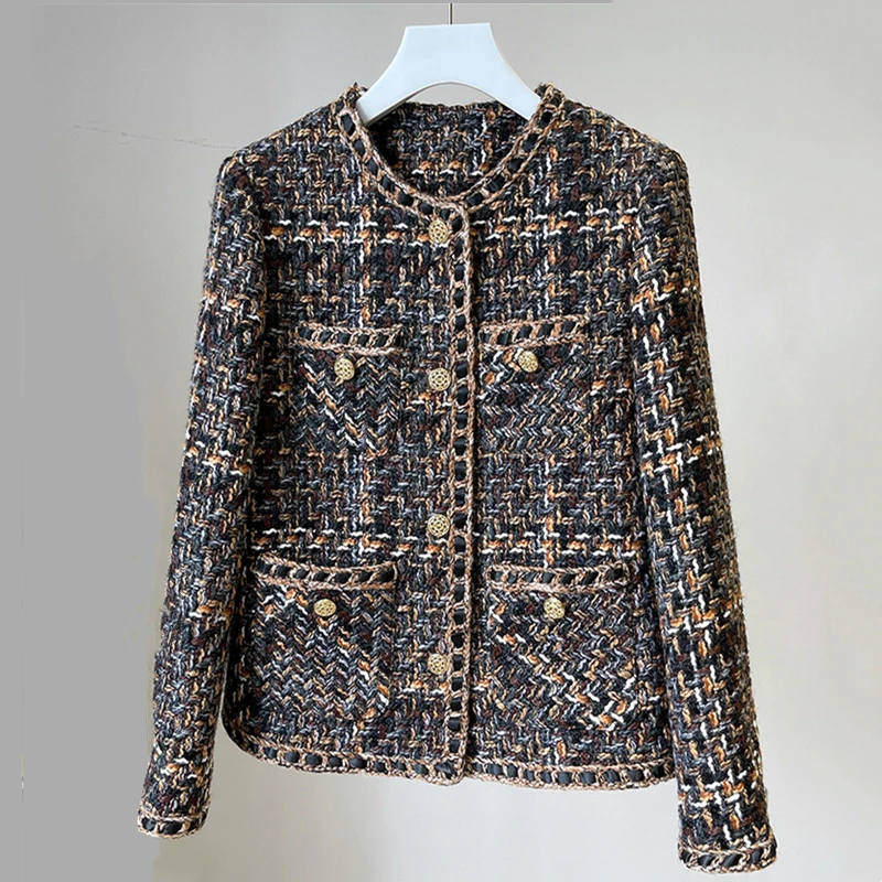 

High Quality Fashion Women Spring Autumn Vintage Thick-Line Woven Long-Sleeved Temperament Short Jacket Coat