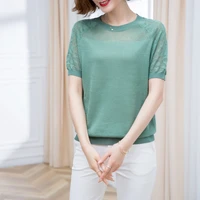 mix and match thin short sleeve t shirt 2020 new summer womens hollow top loose thin age reducing round neck ice silk t shirt