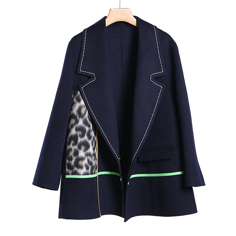 

Женское шерстяное пальто с отложным воротником, темно-синее повседневное пальто в уличном стиле, Офисная верхняя одежда, S8717, 2021