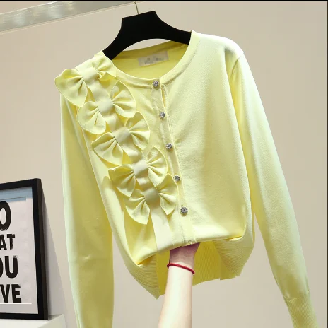

2021 Autumn Fashion Design Single-Sided Bow Diamond Single-Breasted Knitted Cardigan Coat Women's Pink Sweater Jumper Lady Top