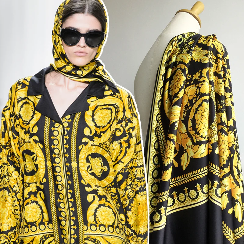 

French Luxury Brand 100% Polyester Baroque Printed Fabric Homewear Pajamas Clothig Fashion Fabrics Cloth Per Meter Sewing