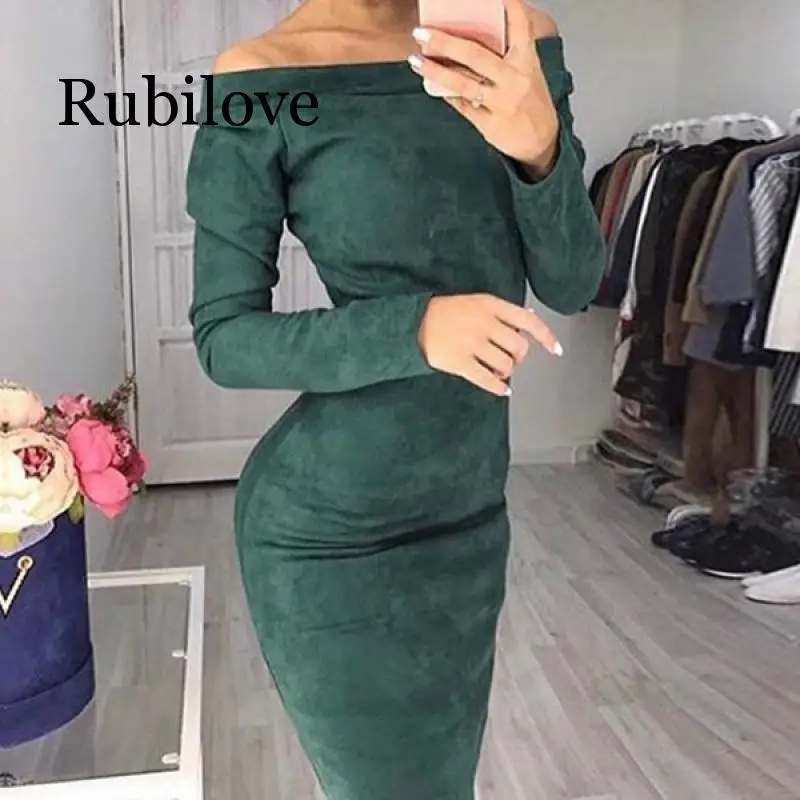 

Rubilove 2019 Autumn Women Bodycon Midi Dress Long Sleeve Sexy Wrap Dress Red Green Off Shoulder Bodycon Suede Dress