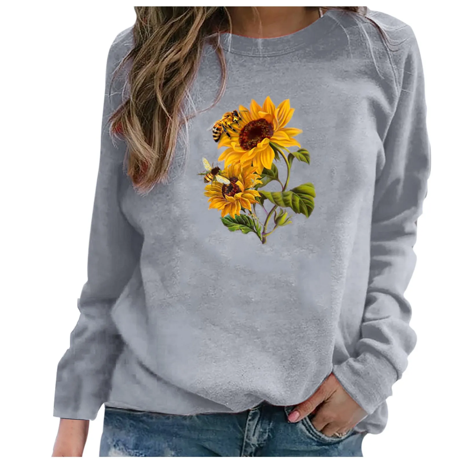 59# Autumn Winter Women Sweatershirt Flower Print Casual Printing Long Sleeve Sweatshirt Oversized Pullover Tops Blouse Femme