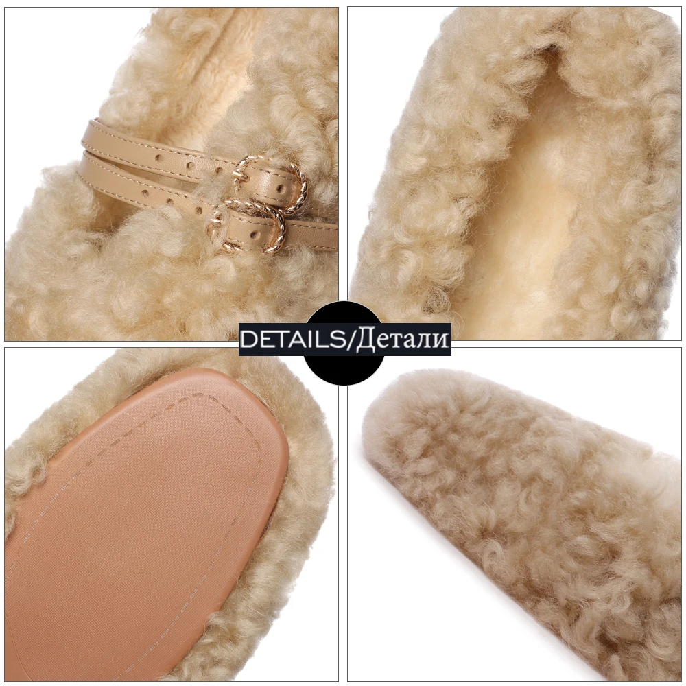 

ISNOM Fur Flats Woman Furry Mules Round Toe Warm Loafers Buckle Shearling Pregnant Shoes Women Casual Outdoor Winter Shoes 2020