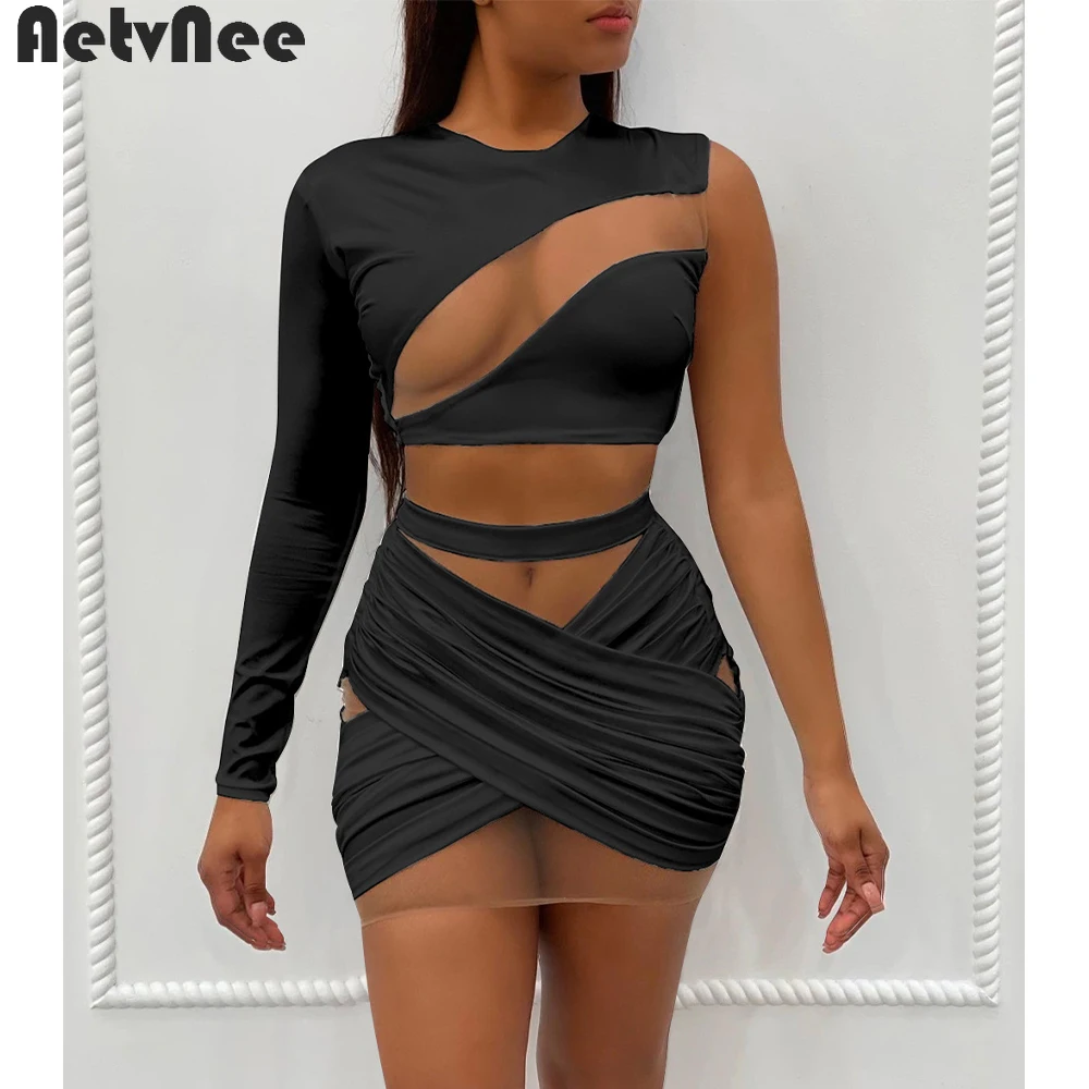 

Осенние комплекты из газовой ткани с юбкой, Женский комплект из двух предметов, короткий топ на одно плечо + юбка с перекрещивающимися брете...