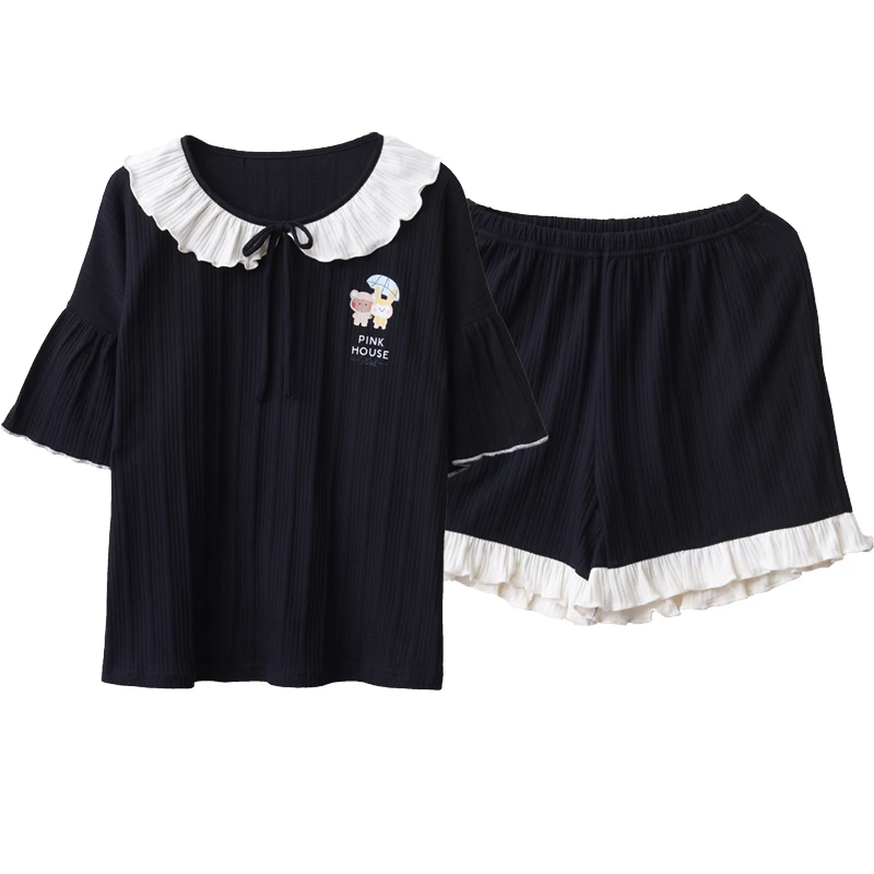 

Summer Couple Pajamas Set Fashion Black Cartoon T-shirt Short Sleeve Nightwear Comfort Soft Cotton Homewear Kawaii Bow Sleepwear