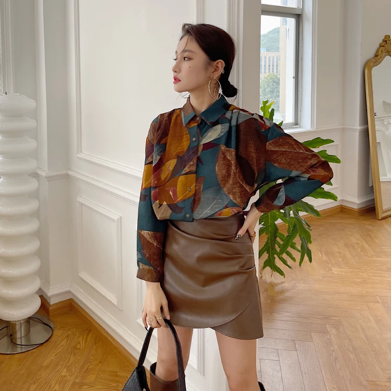 

Chiffon Women's Blouse Print Polo Girl's Shirt Spring Autumn Long Sleeve Top Fashion Clothing Casual Lady Blusas Houthion