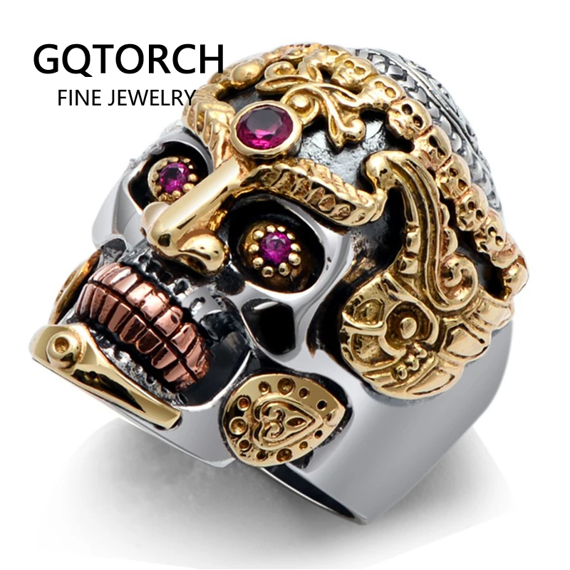 Real Solid 925 Sterling Silver Large Skull Rings for Men Yellow Gold Color Vintage Gothic Punk Thai Ring Paved Red Garnet | Украшения и