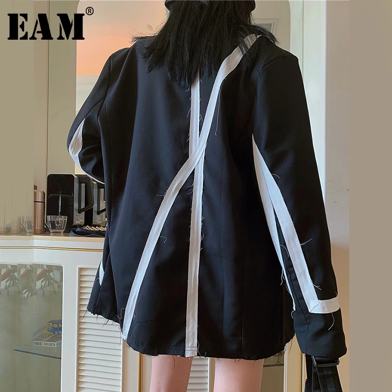

[EAM] Women Black Split Joint Burr Big Size Blazer New Lapel Long Sleeve Loose Fit Jacket Fashion Spring Autumn 2021 1Y700