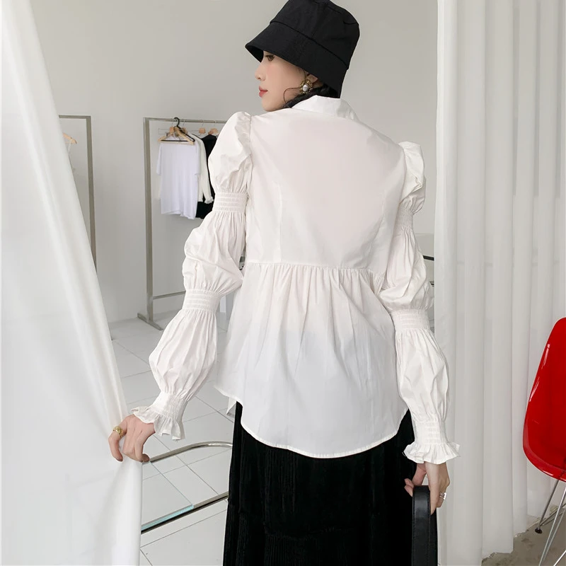 

Kimotimo Women White Shirts Tops Ins Spring Age Reduction Be Careful Design Puff Petal Sleeve Minority Shirts Fall 2021 Women