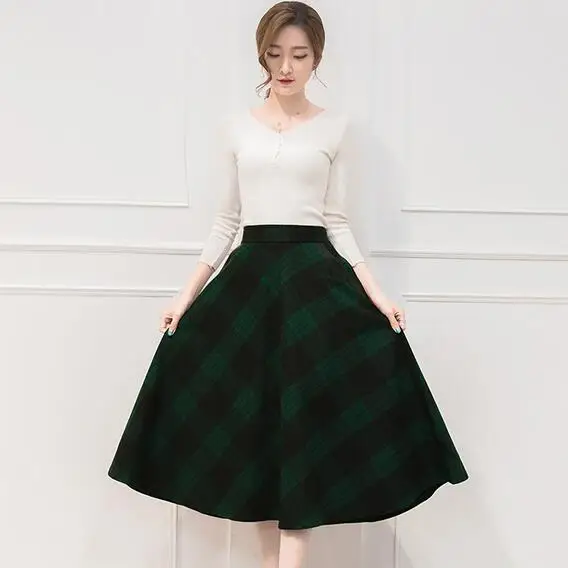 Элегантные шерстяные женские плиссированные макси юбки зимние клетчатые