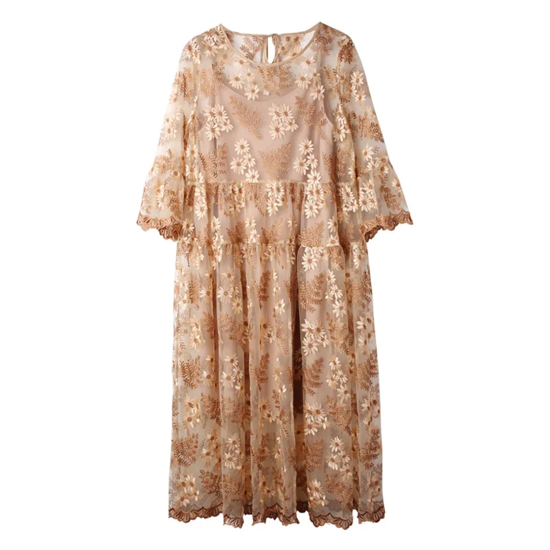 

2 Pieces Women Dress Summer Female Vintage Embroidery Flare Sleeve A-line Dress Apricot 3XL 4XL Plus Size Lace Dresses for Woman