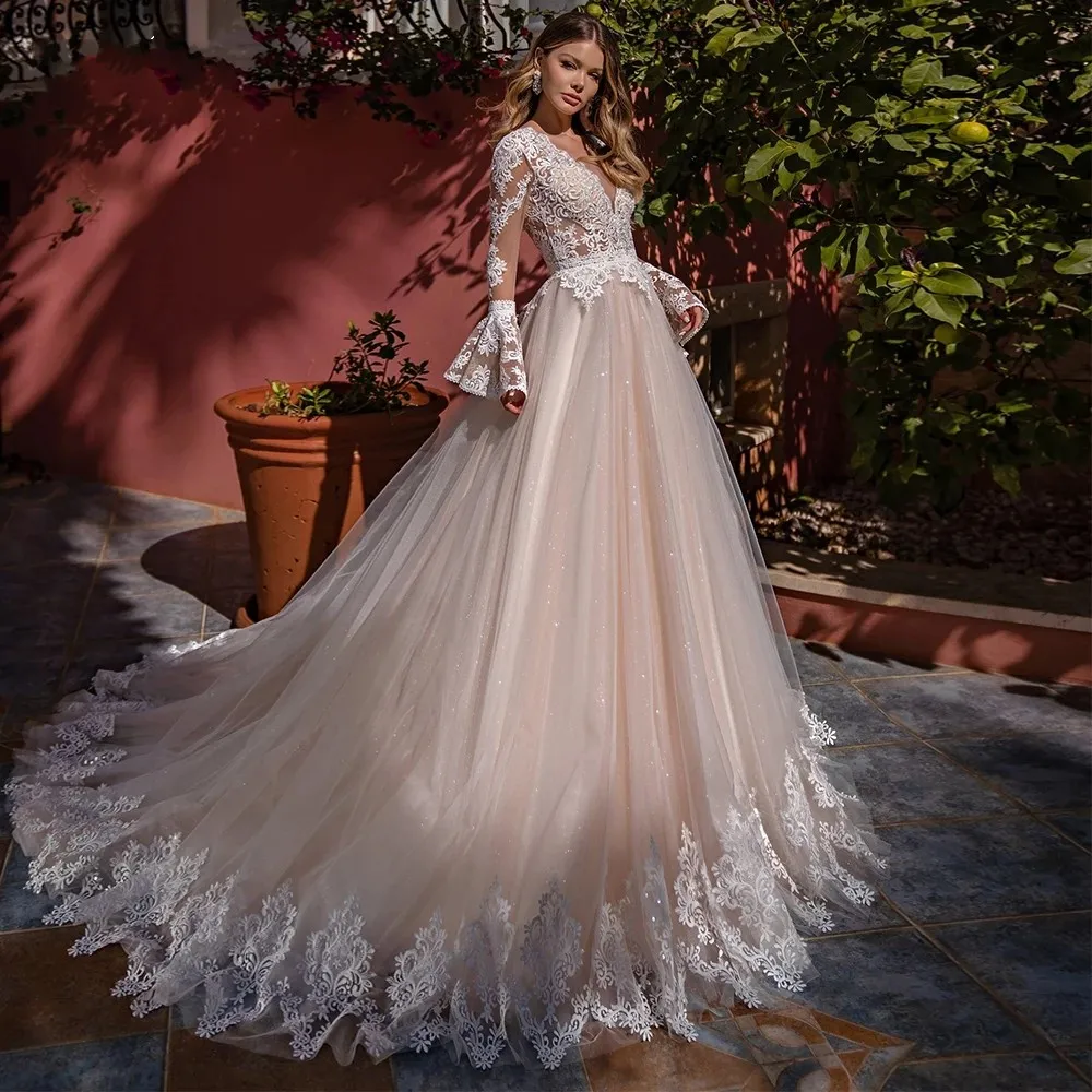 

Vestido novia A-Line Sheer Tulle Bodice Boho Wedding Dresses 2021 Long Sleeves Chapel Train Bride Dress