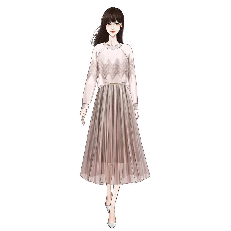 

new winter fairy nail bead sweater gauze skirt women two-piece clothing set outfit leisure pullover top long sleeve pleated