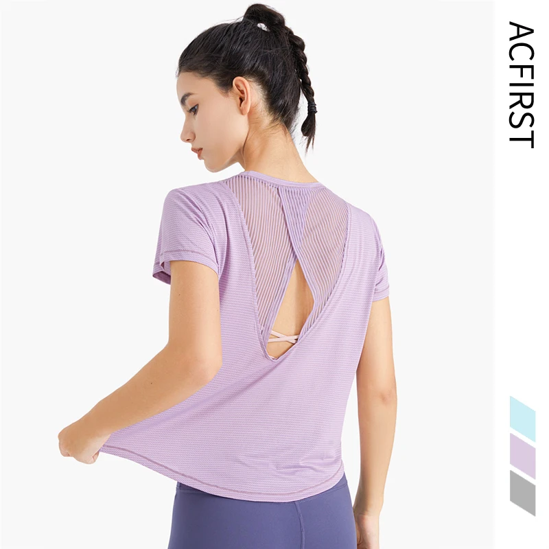 

Новинка, женские Беговые рубашки AcFirst с коротким рукавом, дышащие сексуальные футболки для йоги, однотонные спортивные рубашки, быстросохну...