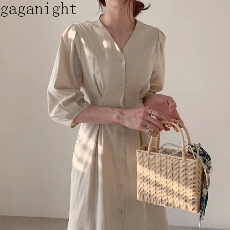 Женское однобортное облегающее платье Gaganight однотонное с длинным рукавом и