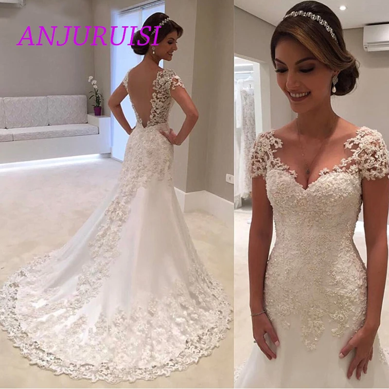 ANJURUISI Illusion Vestido De Noiva кружевное с открытой спиной фасона &quotРусалка&quot свадебное
