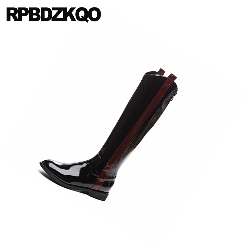 Размера плюс сапоги до колена черного цвета с широким бортиком Лакированная кожа