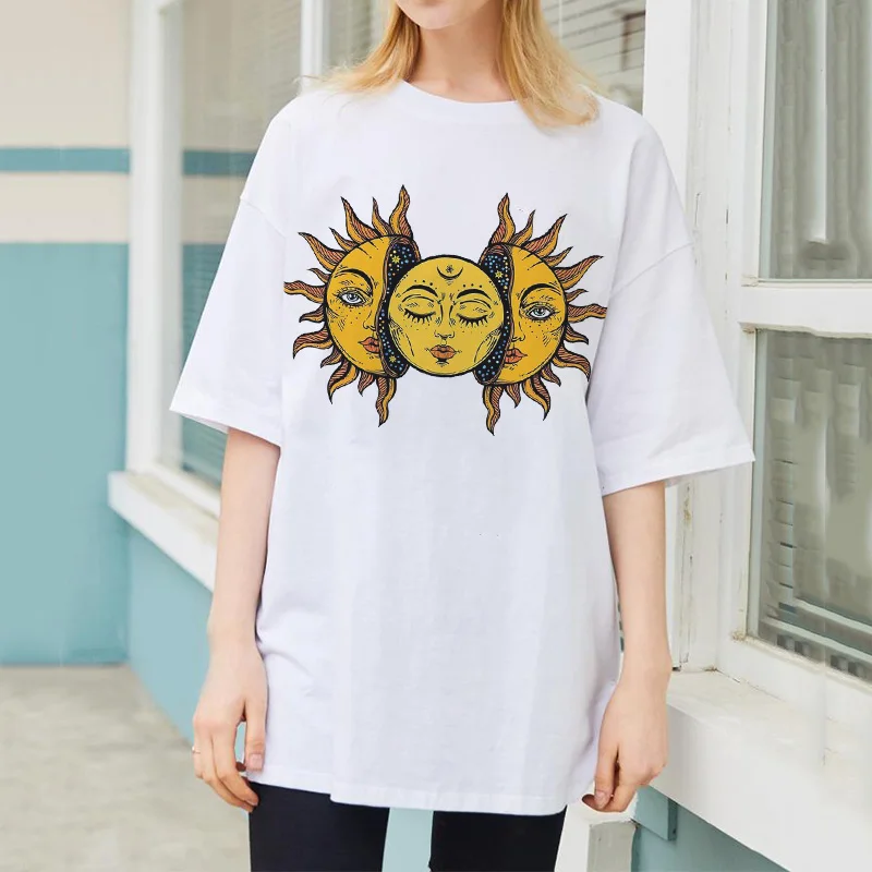 

Harajuku Women's T-shirt Sun Moon Print Top Female Shirt Short Sleeve Tees Fashion Casual T ShirtStreetwear Breathable Clothes