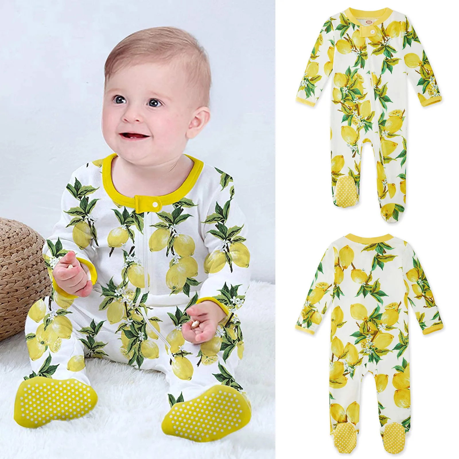 Baby Romper Newborn Boys Girls Winter Long Sleeve Lemon Prints Cotton Pajama Sleeper Zipper Footed Jumpsuit Clothes | Детская одежда и
