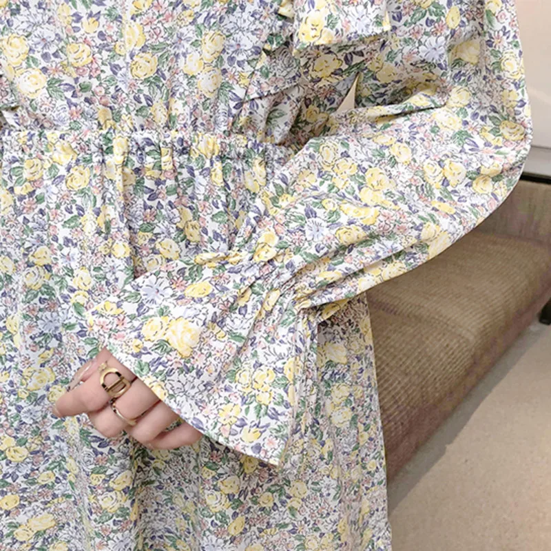 

Elegant Floral Dress Female Spring 2021 New Sweet Small Fresh Round Neck Ruffled Drawstring Slim Robe Vestidos De Mujer Casual