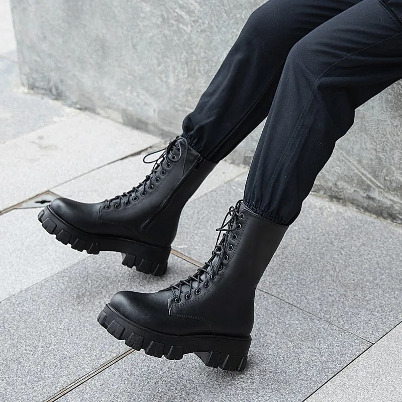

Women Motorcycle Boots Wedges Flat Shoes Woman High Heel Platform PU Leather Boots Lace Up Women Shoes Black Boots Girls