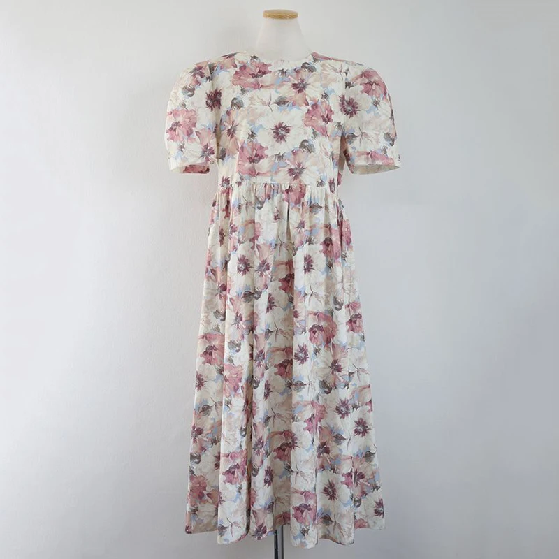

KUSAHIKI Korean Chic Floral Woman Dress 2021 Summer Puff Sleeve O-neck Vestido Femme Sweet Folds High Waist A-line Dresses 6H672