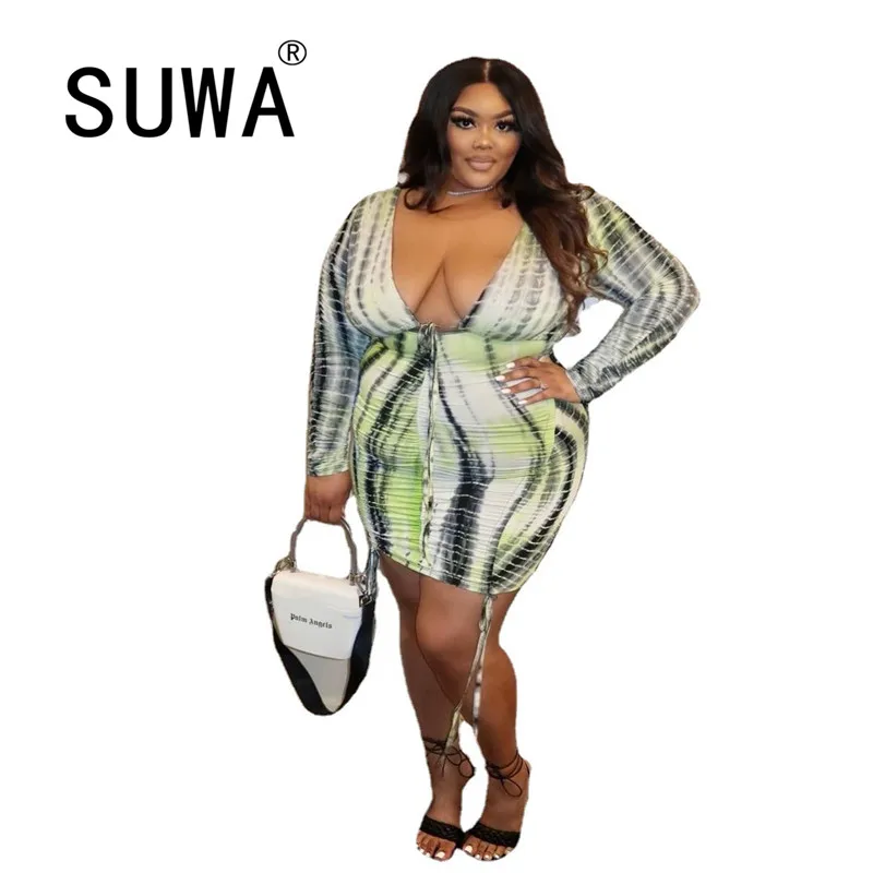 

2021 Wholesale Women Summer Tie-Dye Print Sexy Party Dresses Plus Size Lady's Deep V-neck Shirring Lace-up Lace-up Bodycon Dress