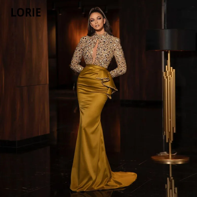 

LORIE Arabic Evening Dresses Gold High Neck Beaded Long Sleeves Sequined Mermaid Prom Gown Party Dress abendkleider 2021 dubai
