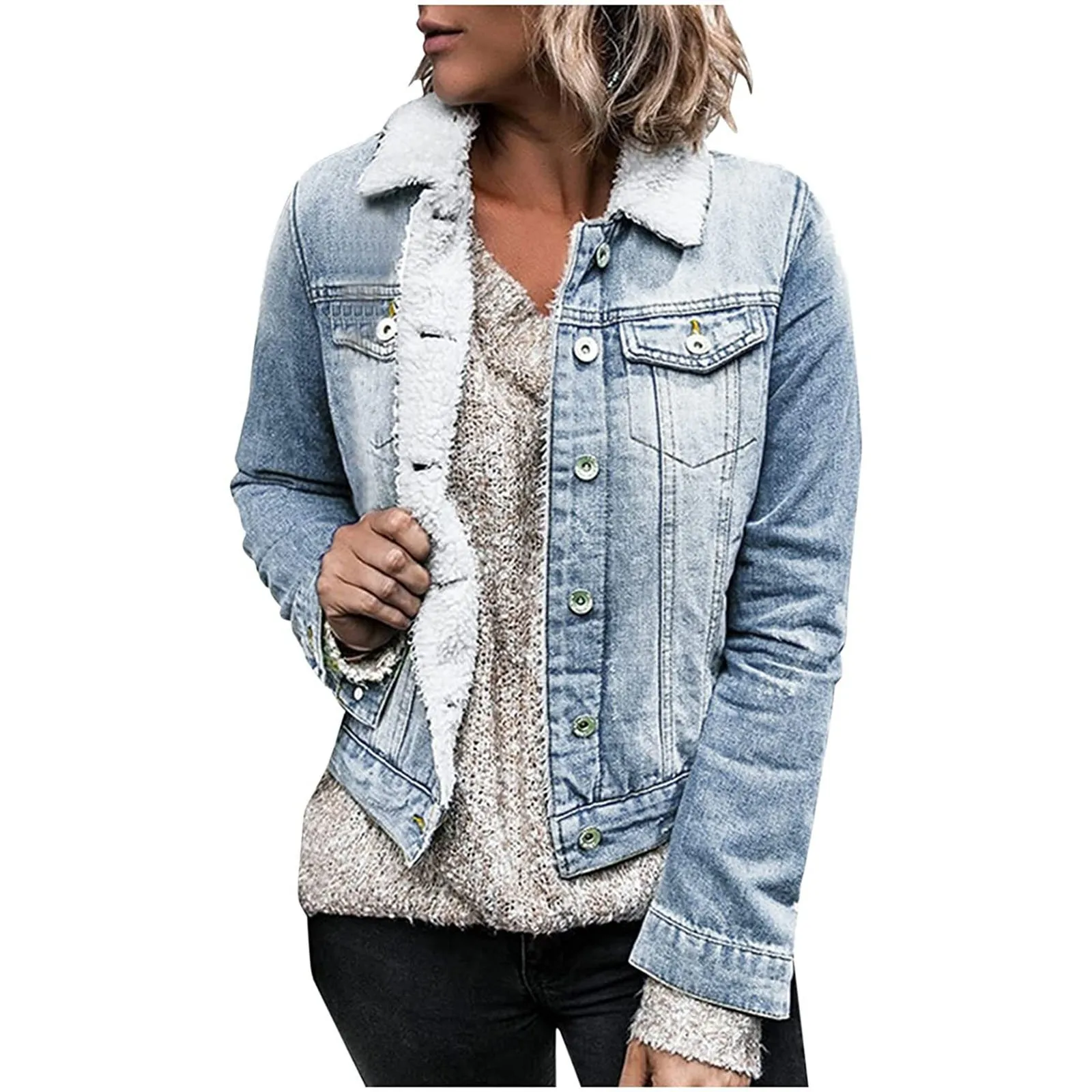 Куртка женская джинсовая с карманами теплая верхняя одежда из овечьей шерсти