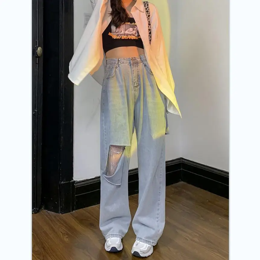 

Front and back hole jeans women's summer new Korean High Waist Wide Leg Pants