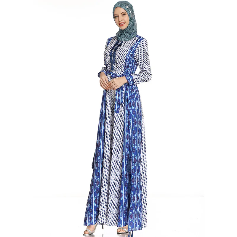 Australia fashion printed belt shirt plus size women's long skirt Muslim women's long skirt Abaya Islamic ethnic evening dress