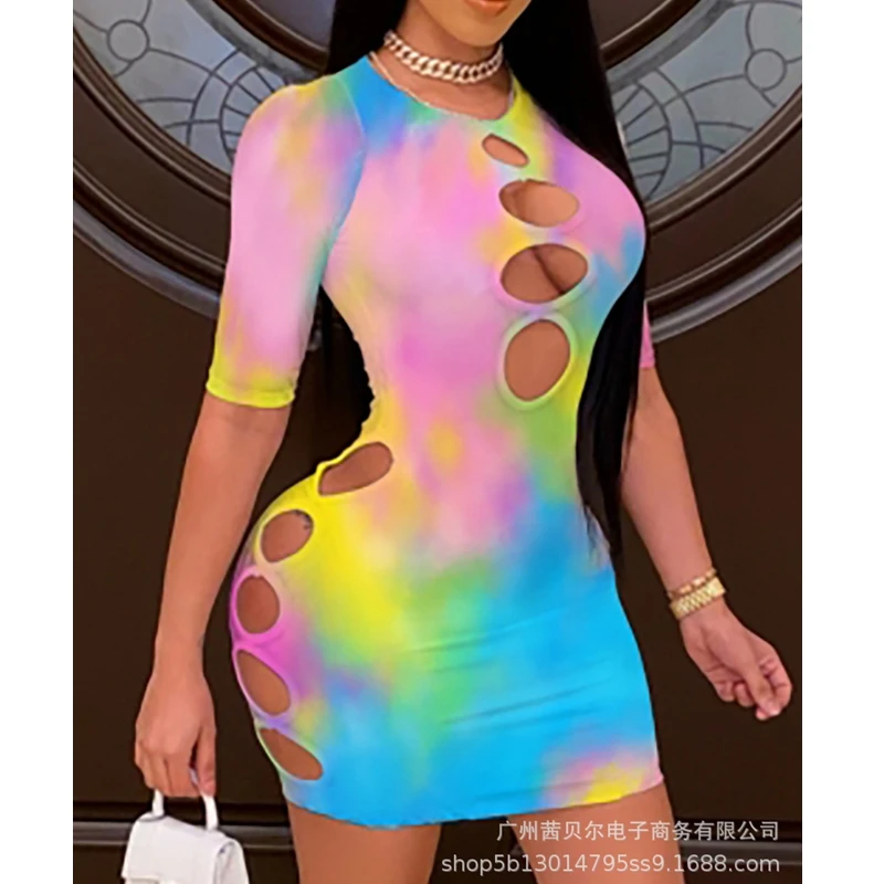 

WEPBEL Dress Women's Casual Tie-Dye Print Hollow Out Dress Summer Sexy Short Sleeve O-Neck High Waist Mini Dress